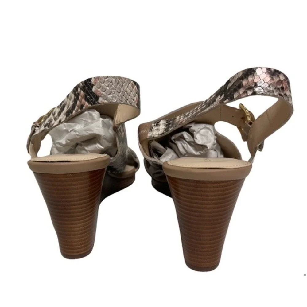 Cole Haan Grand Ambition Wedge Sandals Womens 10 Snakeskin Slingback Beige